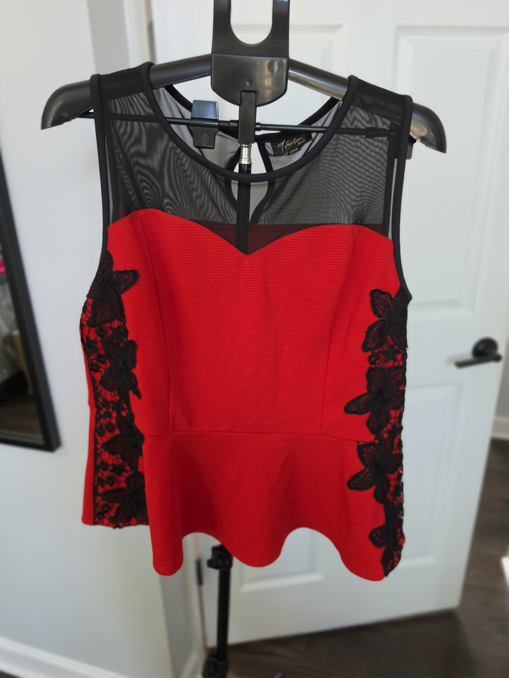 Thalia Sodi Red Peplum Tank with Black Lace & Sheer Yoke